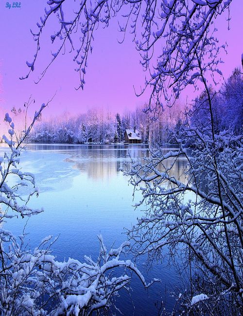 paysage hiver neige tons bleus et mauves