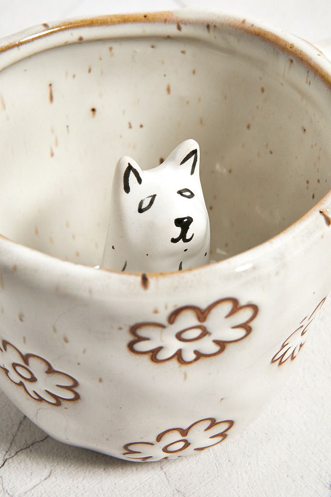 Tasse fleurs et chat artisanale