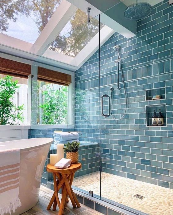 salle de bain nature carrelage bleu