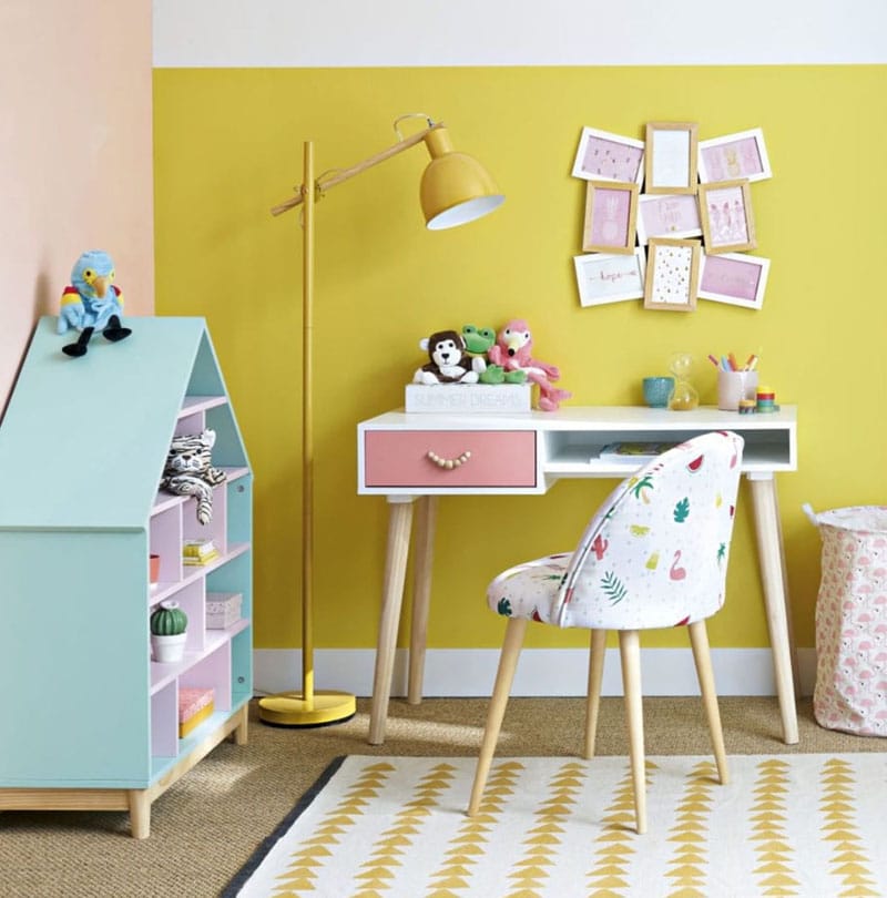 chambre enfant fille jaune rose bleu pastel