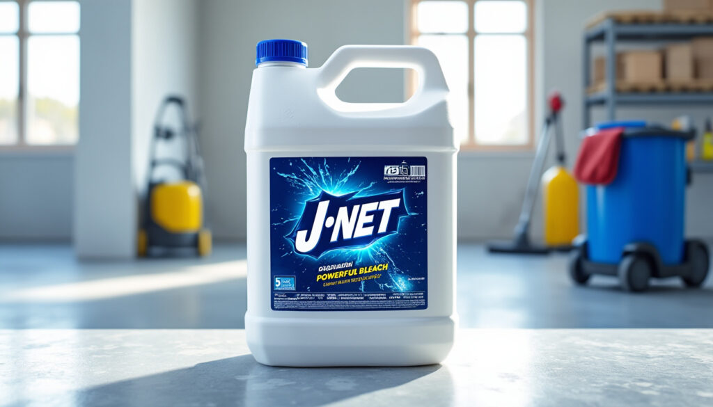 eau de javel j-net en bidon de 5 litres, idéale pour les gros travaux de nettoyage puissant et efficace. désinfecte et élimine les taches tenaces rapidement.