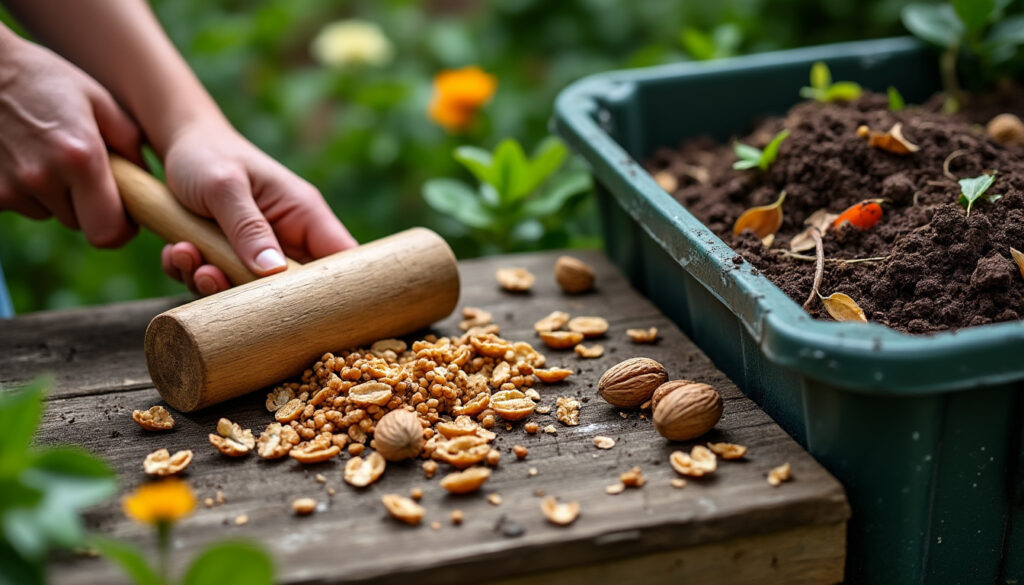 découvrez si les coques de noix peuvent aller au compost et comment les préparer : concassez-les pour faciliter leur décomposition.